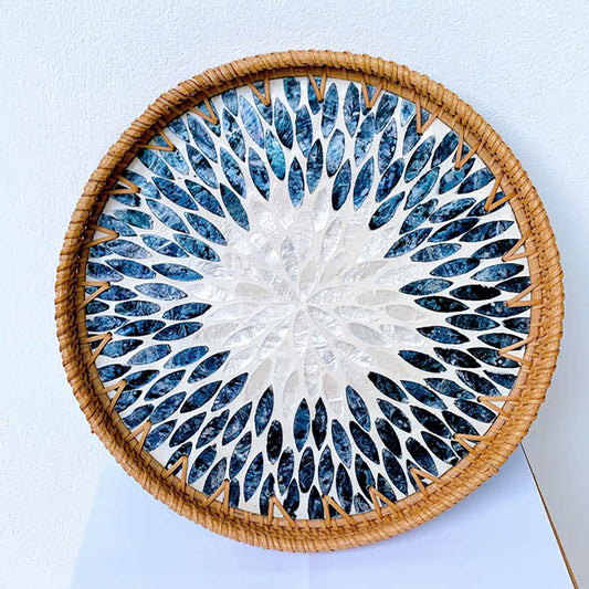 11.8' Wicker Round Rattan Mother of Pearl Serving Basket Tray for Décor Coffee Table (Black)