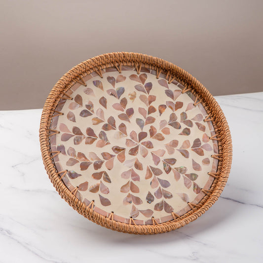 11.8' Wicker Round Rattan Mother of Pearl Serving Basket Tray for Décor Coffee Table (Leaf)