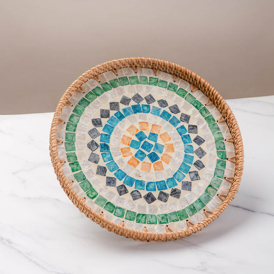 11.8" Wicker Round Rattan Mother of Pearl Serving Basket Tray for Décor Coffee Table (Diamond)