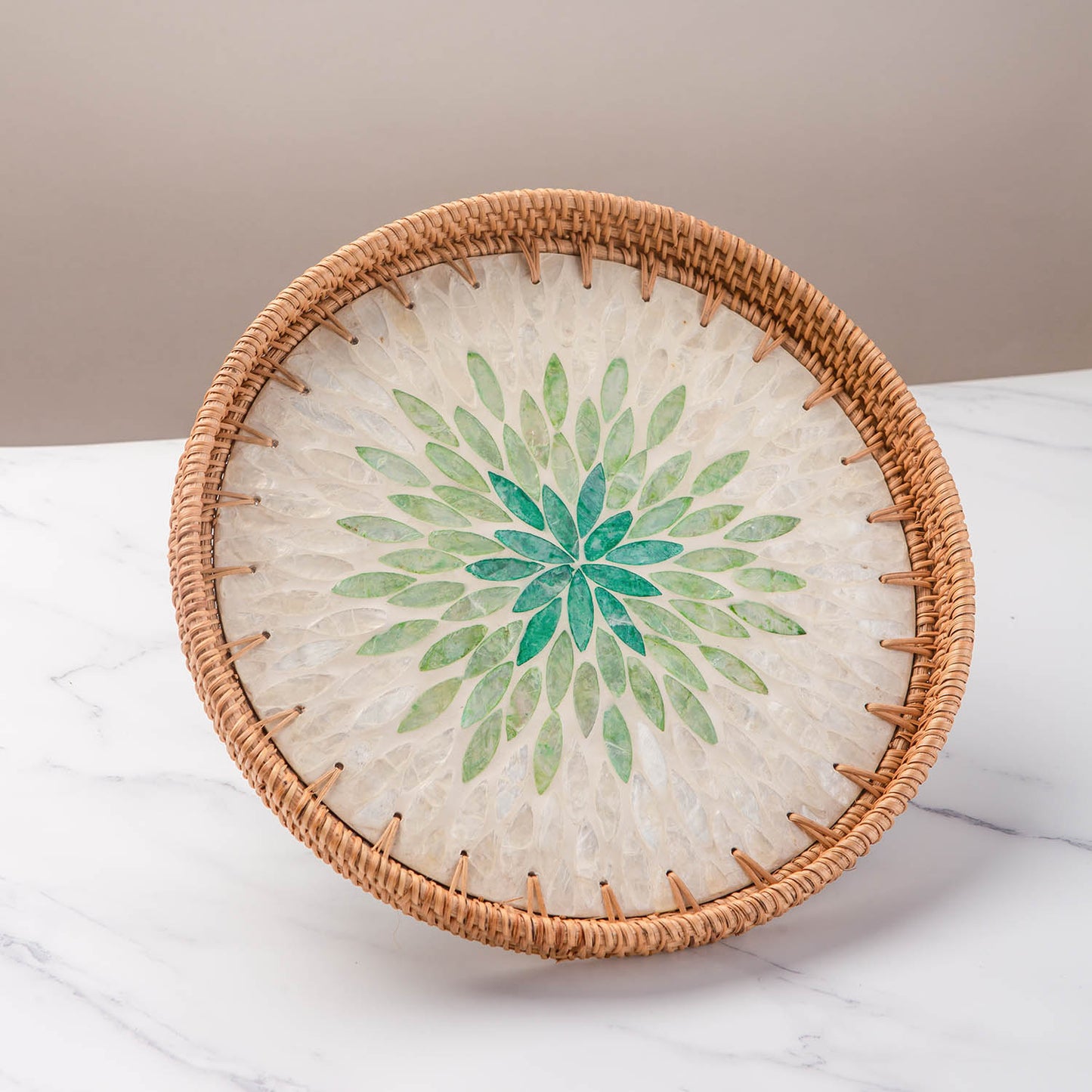 11.8" Wicker Round Rattan Mother of Pearl Serving Basket Tray for Décor Coffee Table (Emerald)