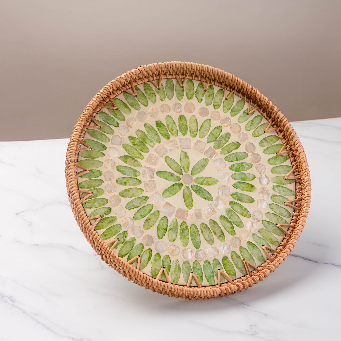 11.8' Wicker Round Rattan Mother of Pearl Serving Basket Tray for Décor Coffee Table (Forest)