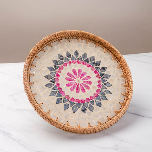 11.8' Wicker Round Rattan Mother of Pearl Serving Basket Tray for Décor Coffee Table (Lozenge)