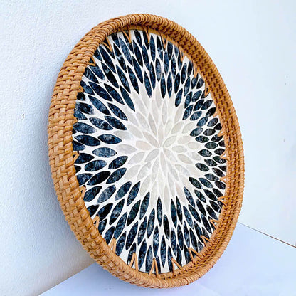 11.8' Wicker Round Rattan Mother of Pearl Serving Basket Tray for Décor Coffee Table (Black)