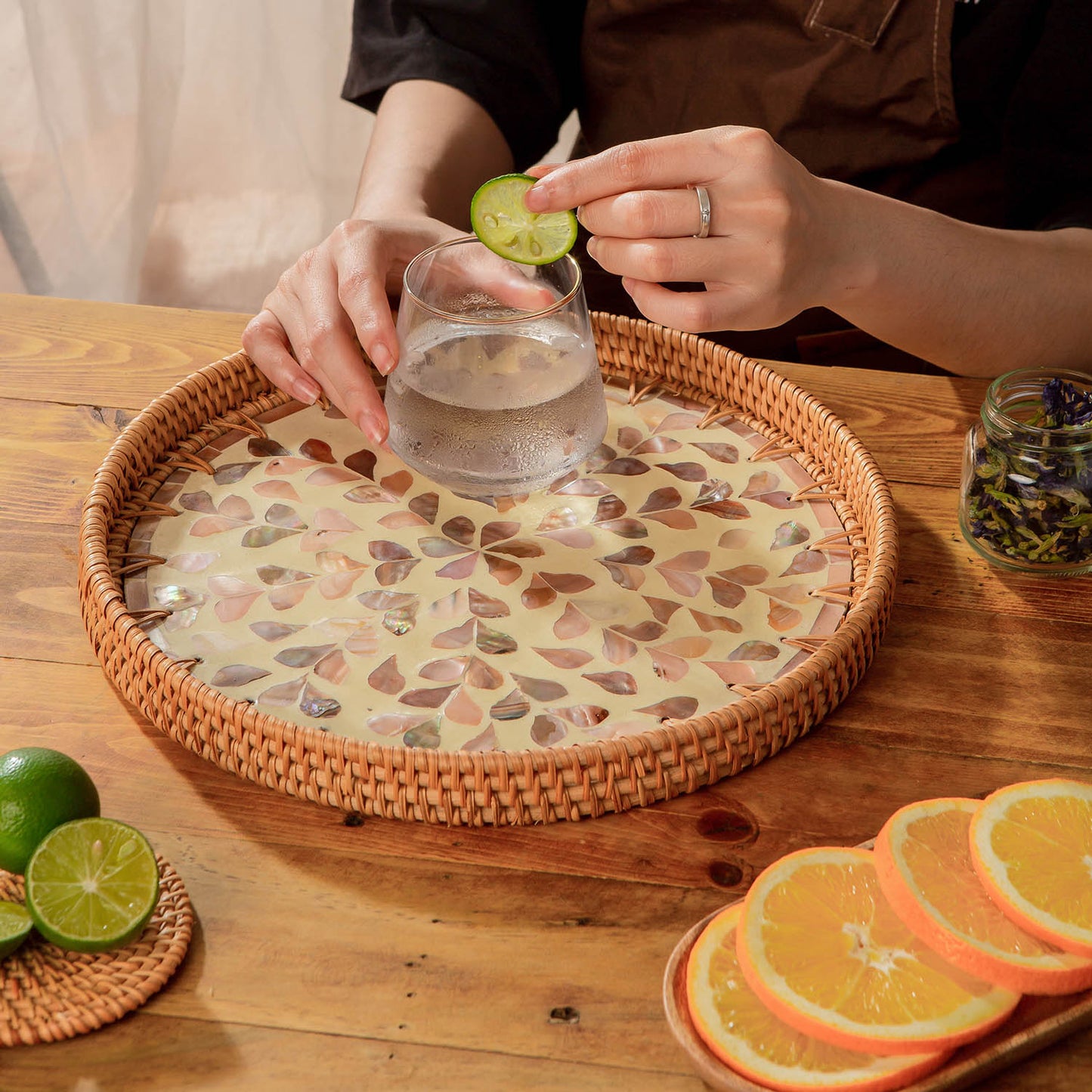 11.8' Wicker Round Rattan Mother of Pearl Serving Basket Tray for Décor Coffee Table (Leaf)