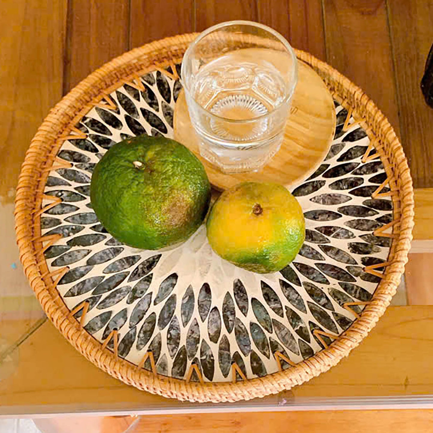 11.8' Wicker Round Rattan Mother of Pearl Serving Basket Tray for Décor Coffee Table (Black)