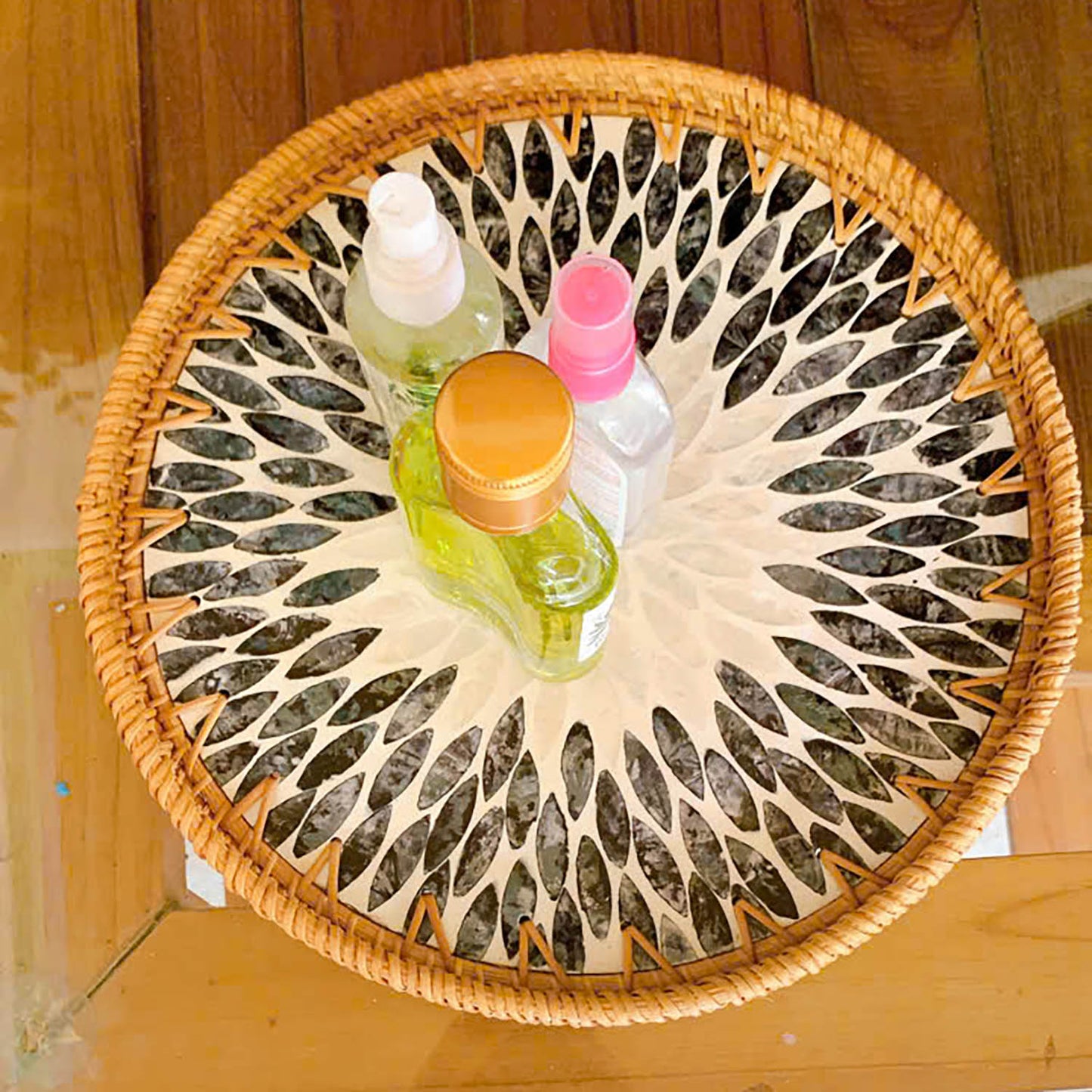 11.8' Wicker Round Rattan Mother of Pearl Serving Basket Tray for Décor Coffee Table (Black)