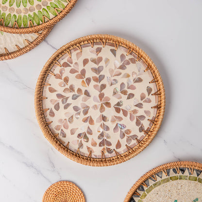 11.8' Wicker Round Rattan Mother of Pearl Serving Basket Tray for Décor Coffee Table (Leaf)