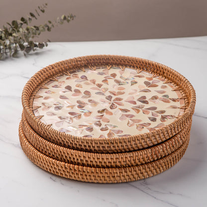 11.8' Wicker Round Rattan Mother of Pearl Serving Basket Tray for Décor Coffee Table (Leaf)