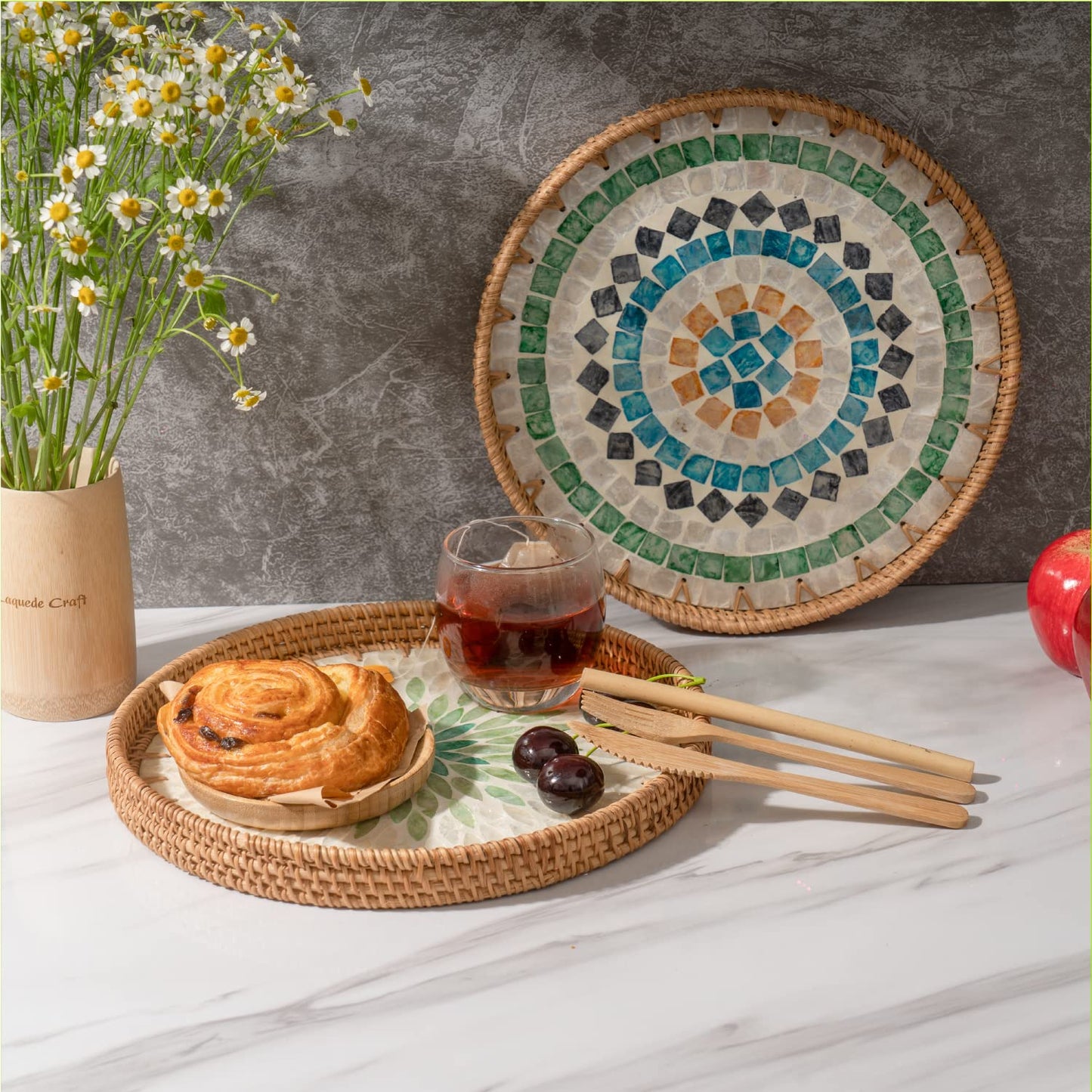 11.8" Wicker Round Rattan Mother of Pearl Serving Basket Tray for Décor Coffee Table (Diamond)