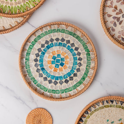 11.8" Wicker Round Rattan Mother of Pearl Serving Basket Tray for Décor Coffee Table (Diamond)