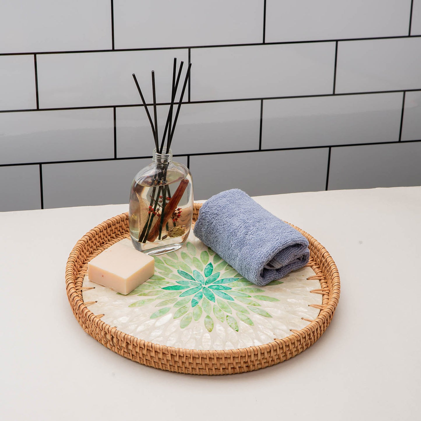 11.8" Wicker Round Rattan Mother of Pearl Serving Basket Tray for Décor Coffee Table (Emerald)