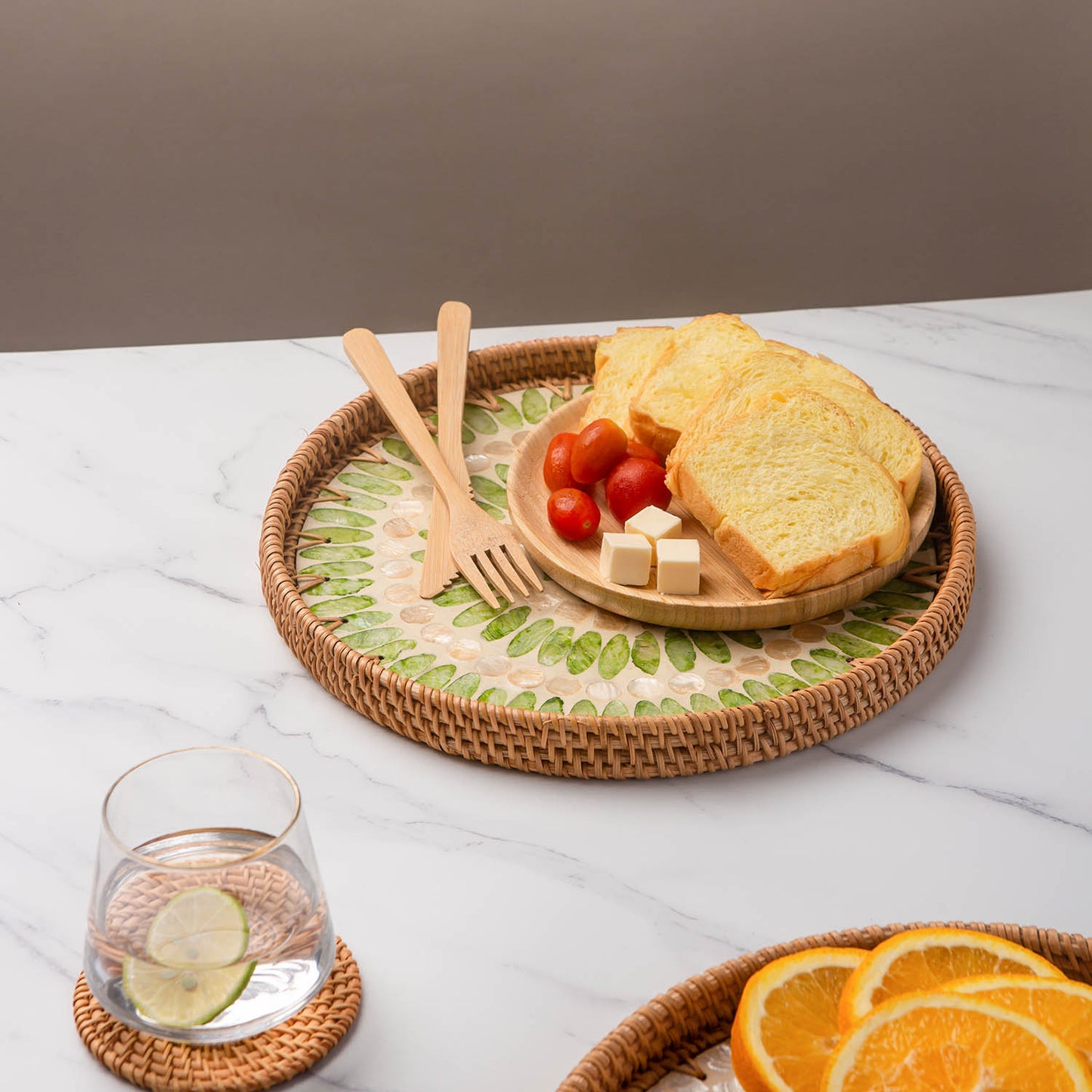 11.8' Wicker Round Rattan Mother of Pearl Serving Basket Tray for Décor Coffee Table (Forest)