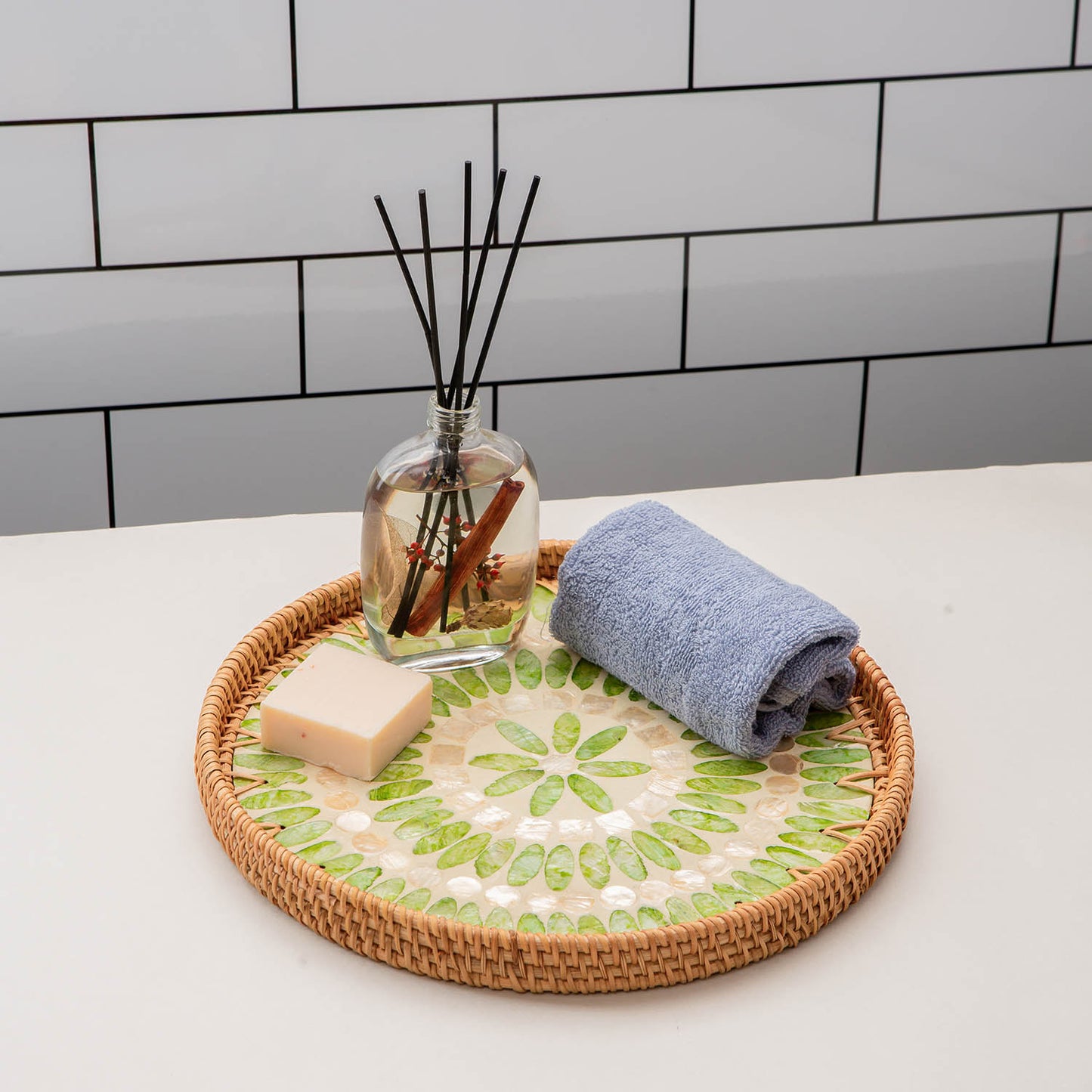 11.8' Wicker Round Rattan Mother of Pearl Serving Basket Tray for Décor Coffee Table (Forest)