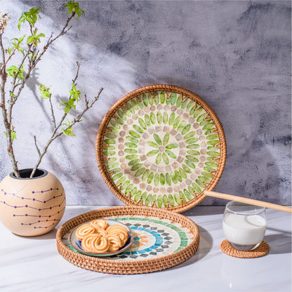 11.8' Wicker Round Rattan Mother of Pearl Serving Basket Tray for Décor Coffee Table (Forest)