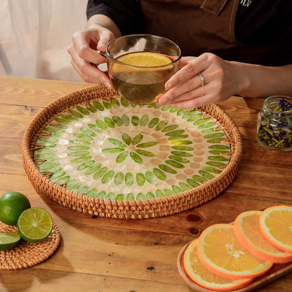 11.8' Wicker Round Rattan Mother of Pearl Serving Basket Tray for Décor Coffee Table (Forest)