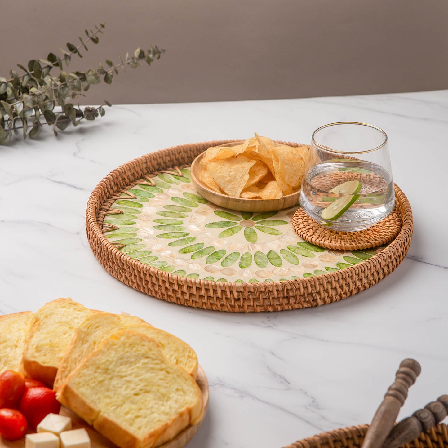 11.8' Wicker Round Rattan Mother of Pearl Serving Basket Tray for Décor Coffee Table (Forest)