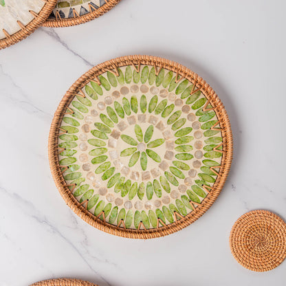 11.8' Wicker Round Rattan Mother of Pearl Serving Basket Tray for Décor Coffee Table (Forest)