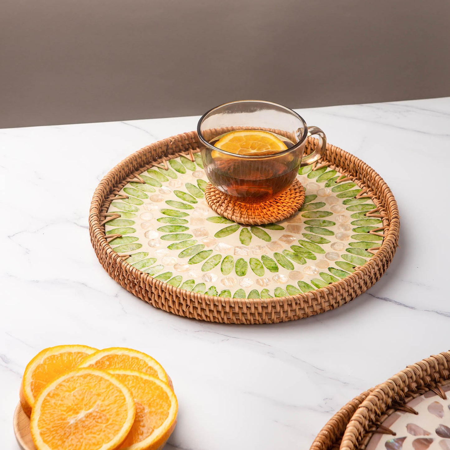 11.8' Wicker Round Rattan Mother of Pearl Serving Basket Tray for Décor Coffee Table (Forest)