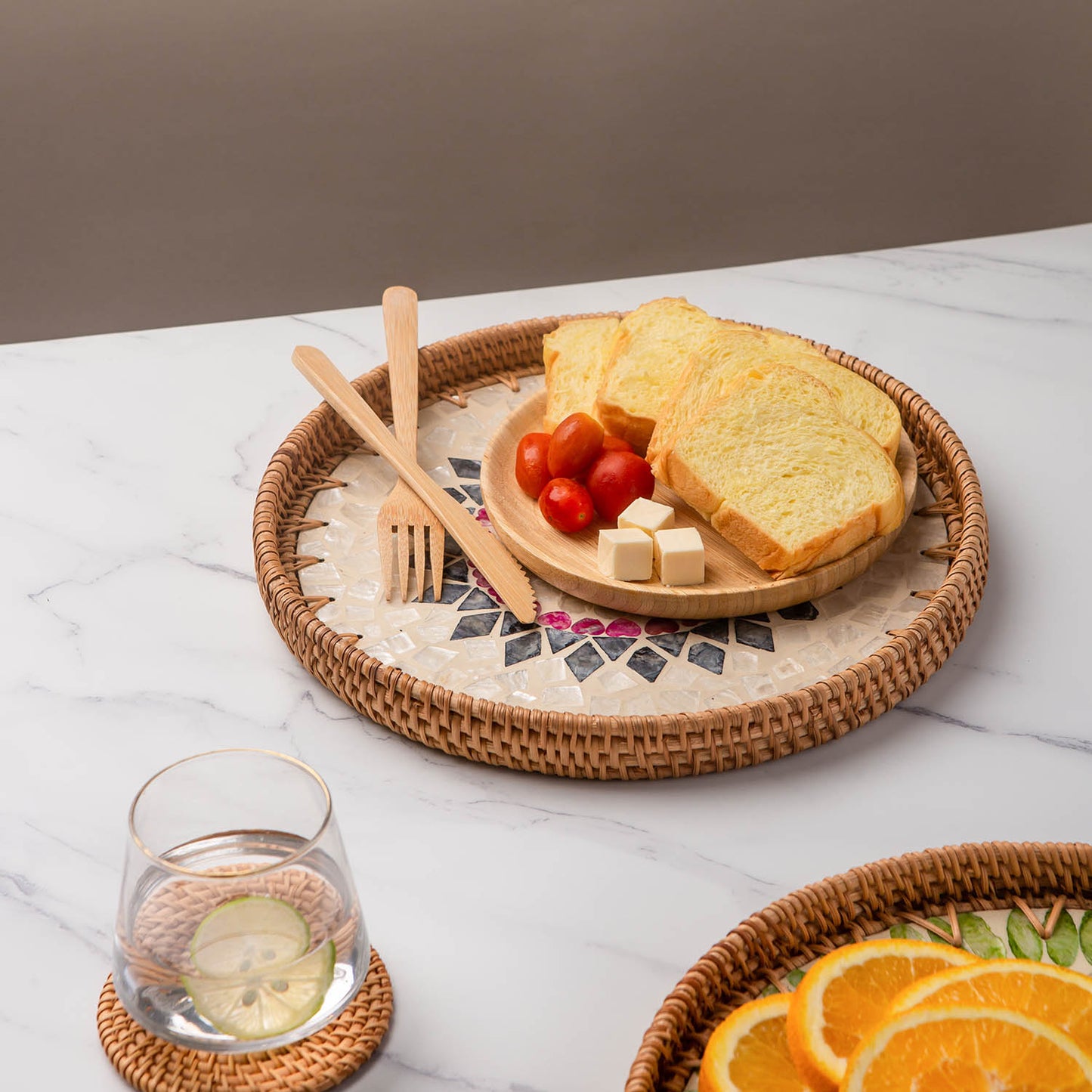 11.8' Wicker Round Rattan Mother of Pearl Serving Basket Tray for Décor Coffee Table (Lozenge)