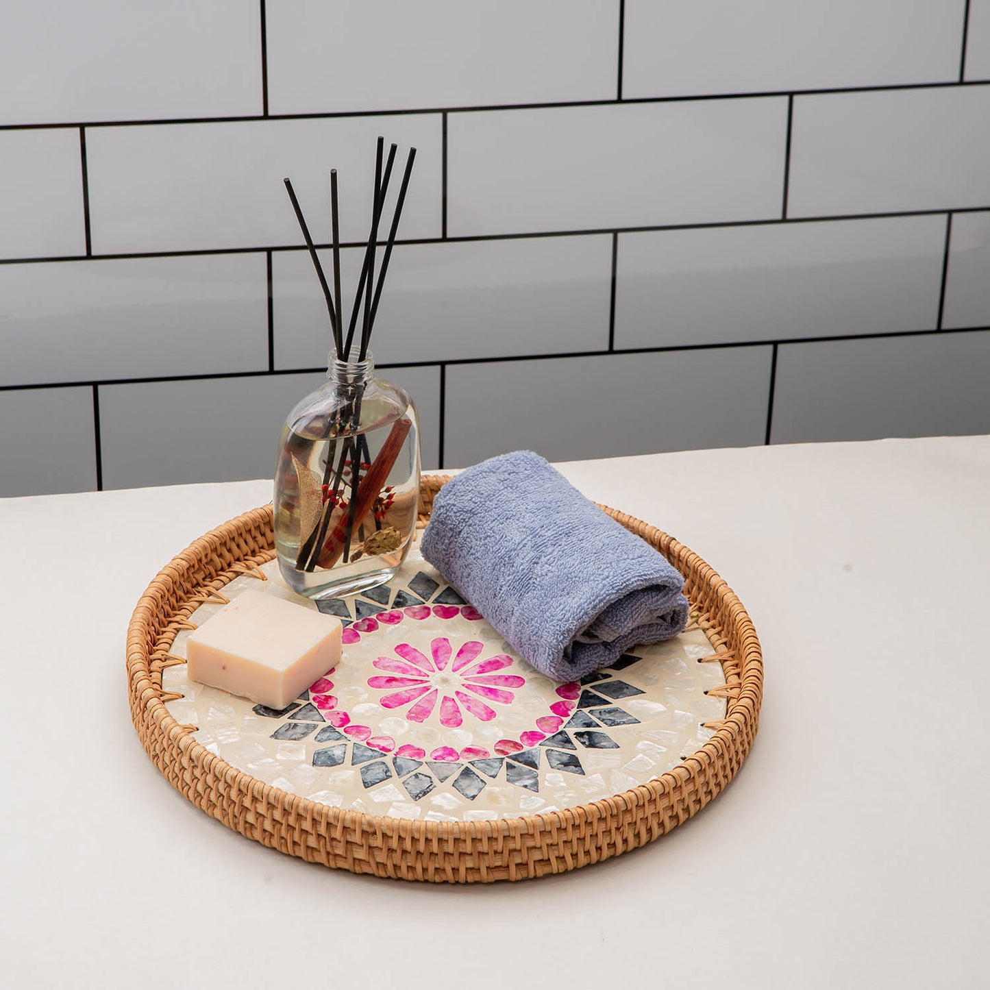 11.8' Wicker Round Rattan Mother of Pearl Serving Basket Tray for Décor Coffee Table (Lozenge)