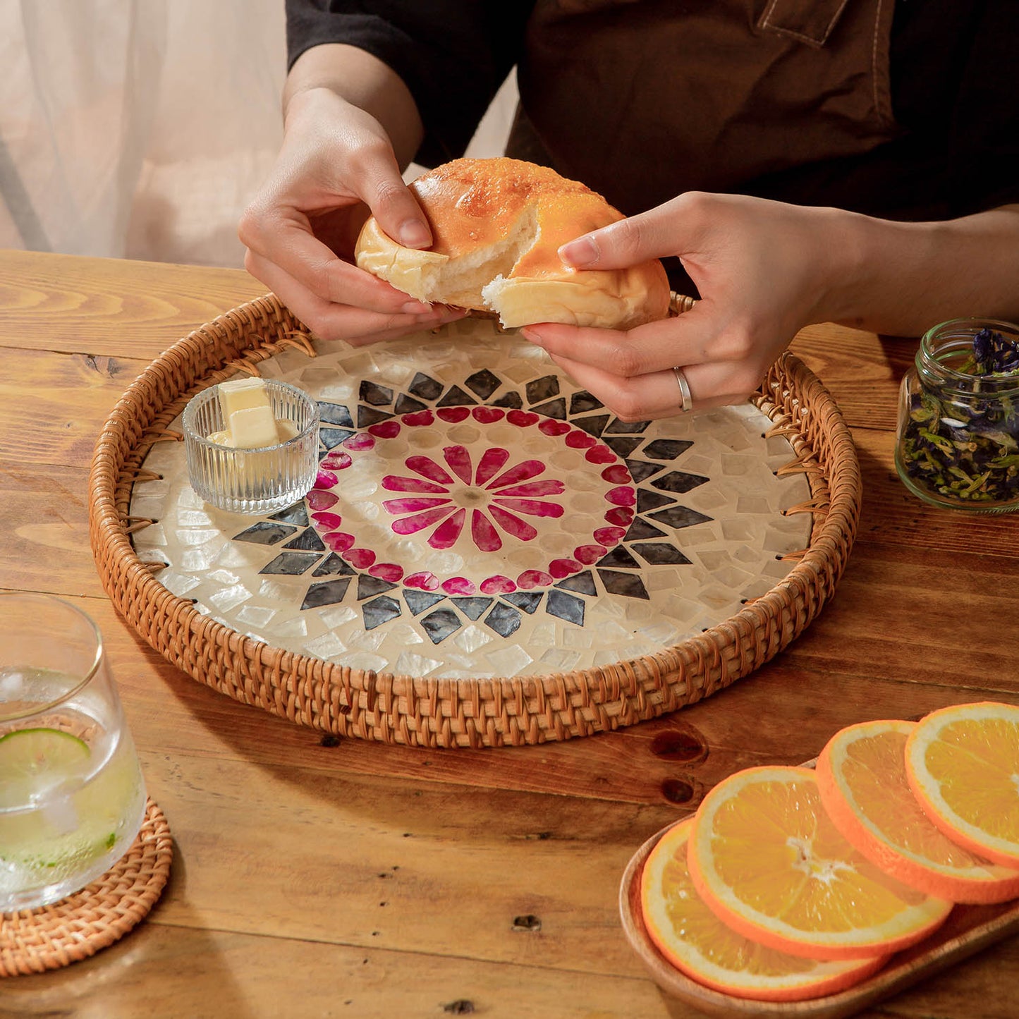 11.8' Wicker Round Rattan Mother of Pearl Serving Basket Tray for Décor Coffee Table (Lozenge)