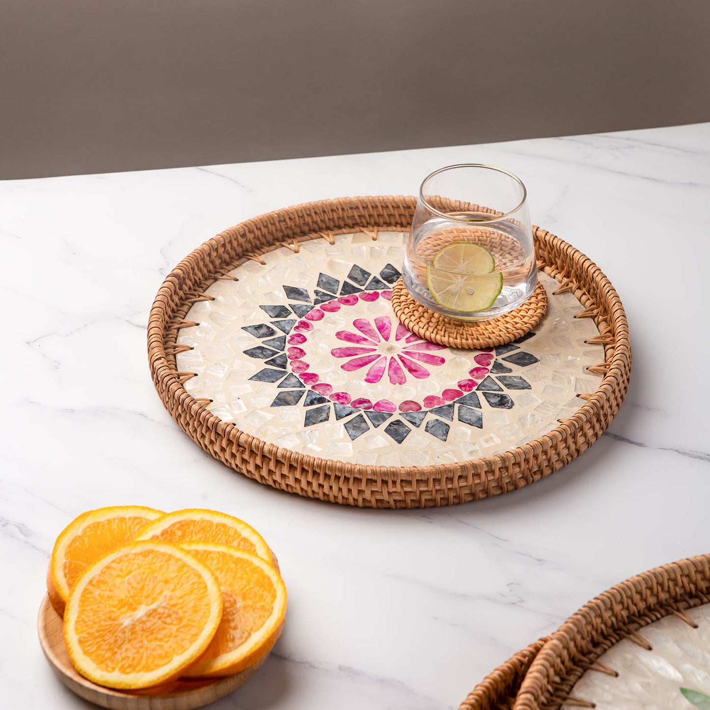 11.8' Wicker Round Rattan Mother of Pearl Serving Basket Tray for Décor Coffee Table (Lozenge)