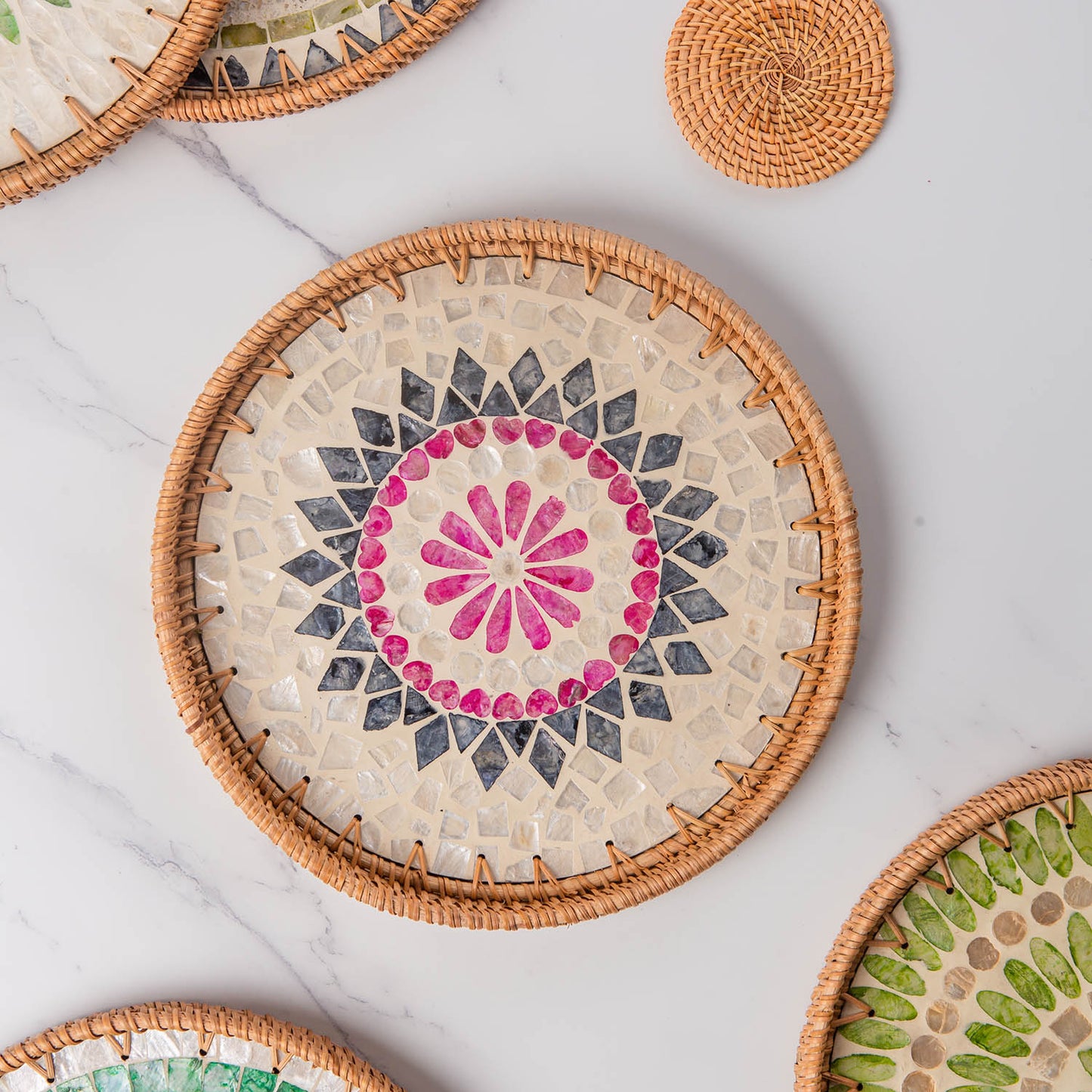 11.8' Wicker Round Rattan Mother of Pearl Serving Basket Tray for Décor Coffee Table (Lozenge)