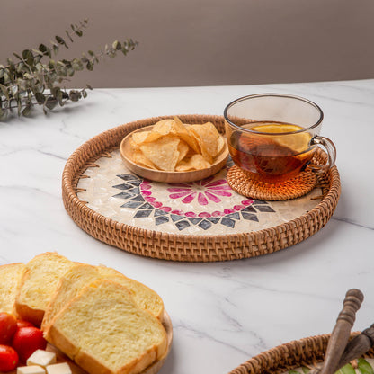 11.8' Wicker Round Rattan Mother of Pearl Serving Basket Tray for Décor Coffee Table (Lozenge)
