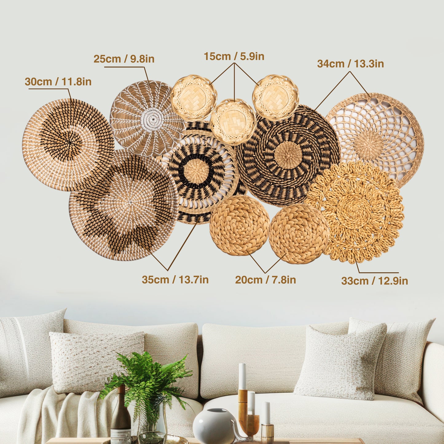 Laquedecraft Set 12 Boho Wicker Rattan Plate Basket Set For Décor Hanging Wall | Large Woven Farmhouse Rustic Bohemian Art Baket Hangings For Decorative Home, Bedroom, Living Room, Kitchen, Bathroom (Classic, 12)