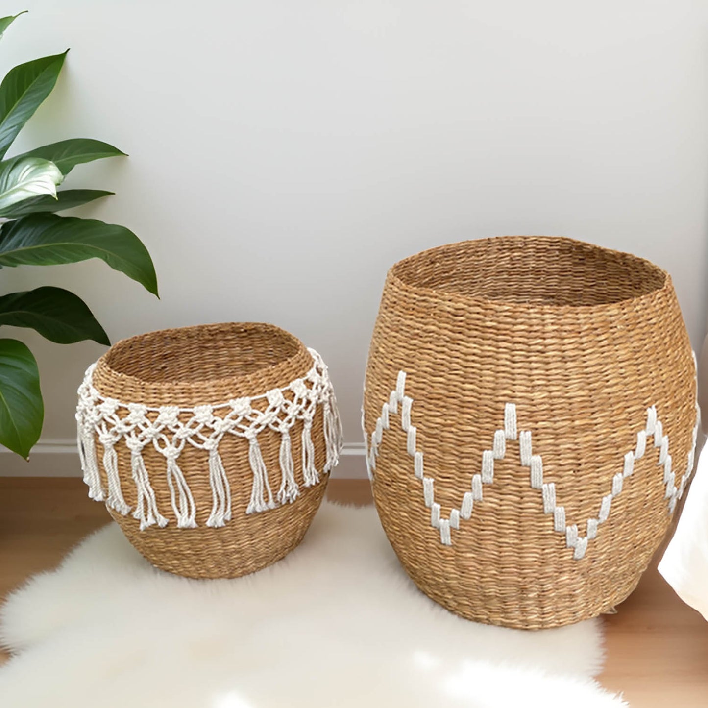 Baskets Large Handwoven Storage Basket with Decorative Pattern (Set of 2 Seagrass Macrame)