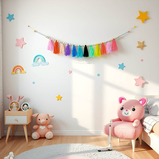 Boho Hanmade Wood Beads Garland with Tassels + 2 Hooks (Rainbow)