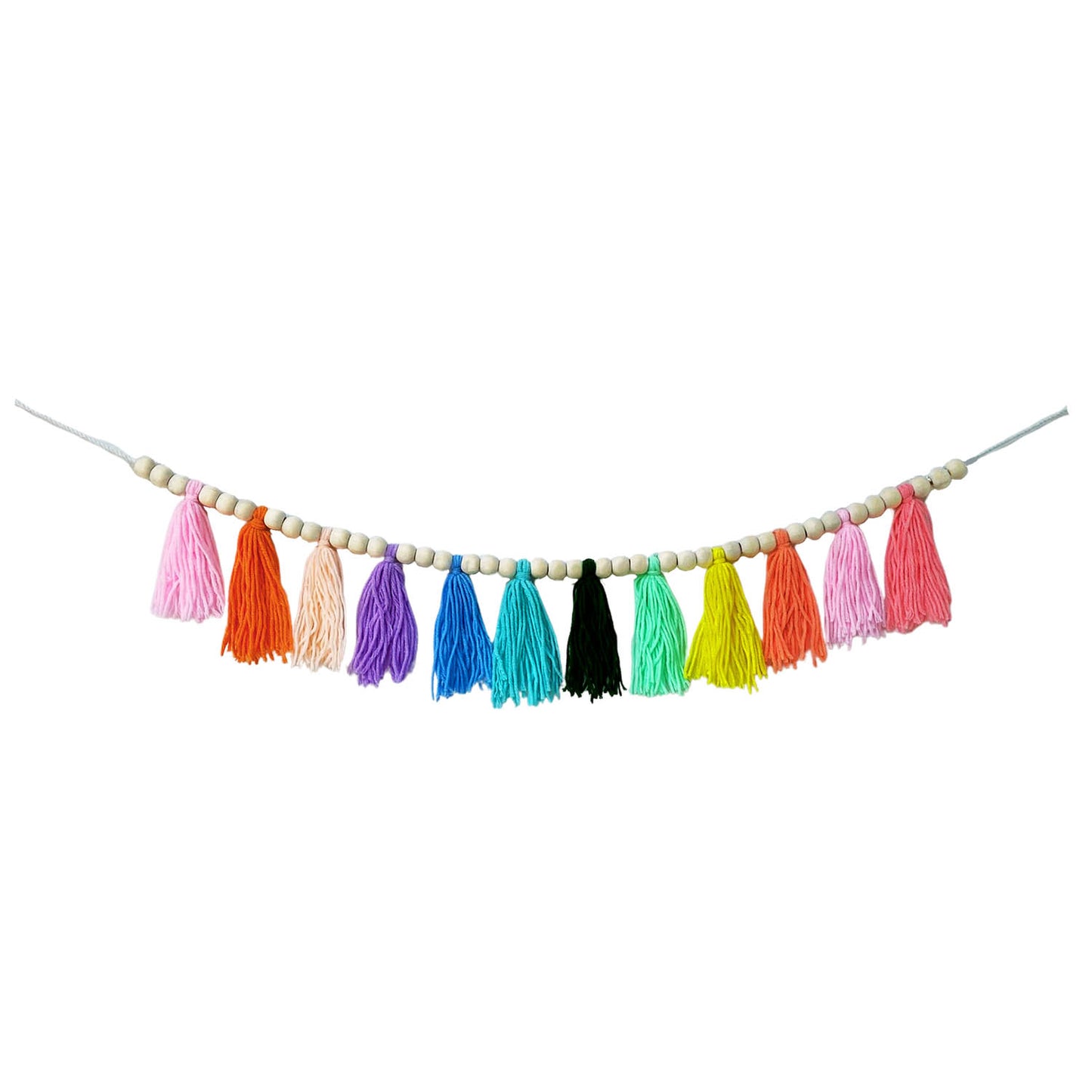 Boho Hanmade Wood Beads Garland with Tassels + 2 Hooks (Rainbow)