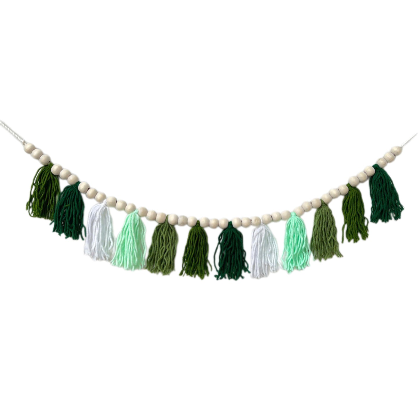 Boho Hanmade Wood Beads Garland with Tassels + 2 Hooks (Green)