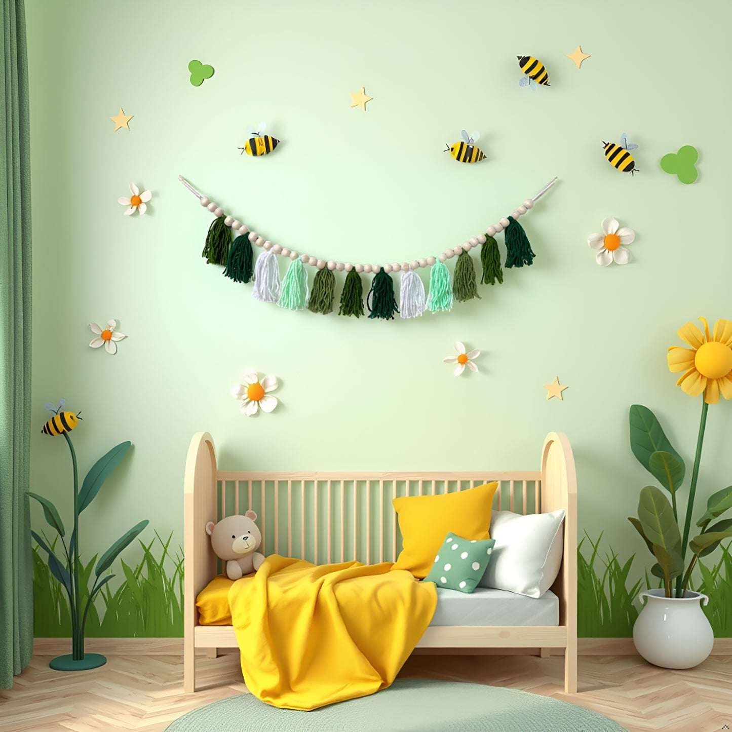 Boho Hanmade Wood Beads Garland with Tassels + 2 Hooks (Green)