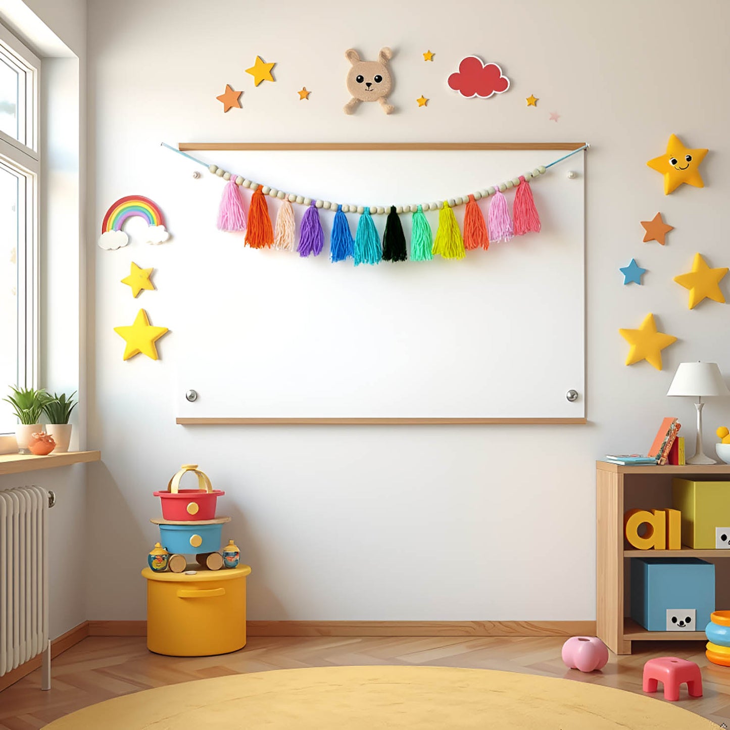 Boho Hanmade Wood Beads Garland with Tassels + 2 Hooks (Rainbow)