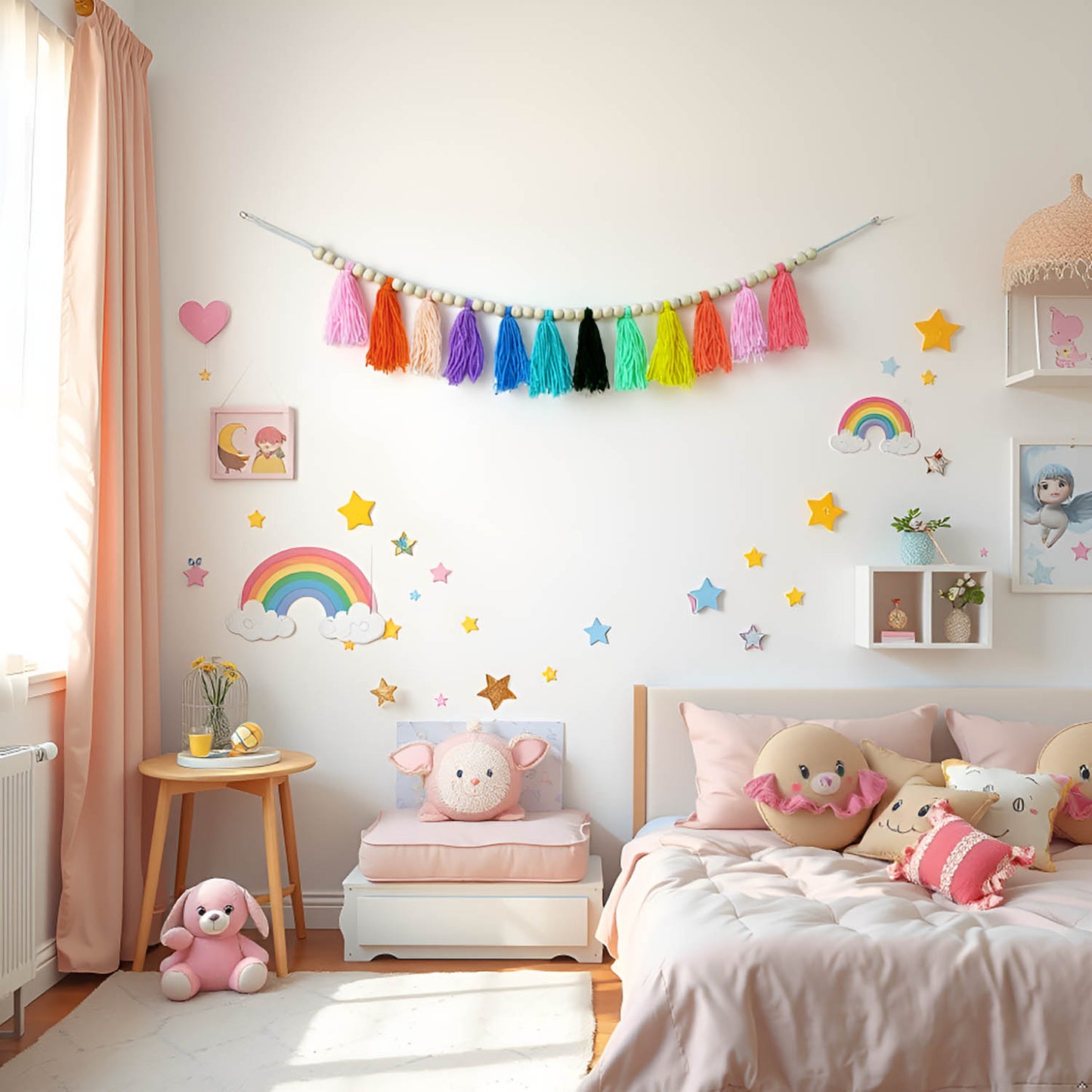 Boho Hanmade Wood Beads Garland with Tassels + 2 Hooks (Rainbow)