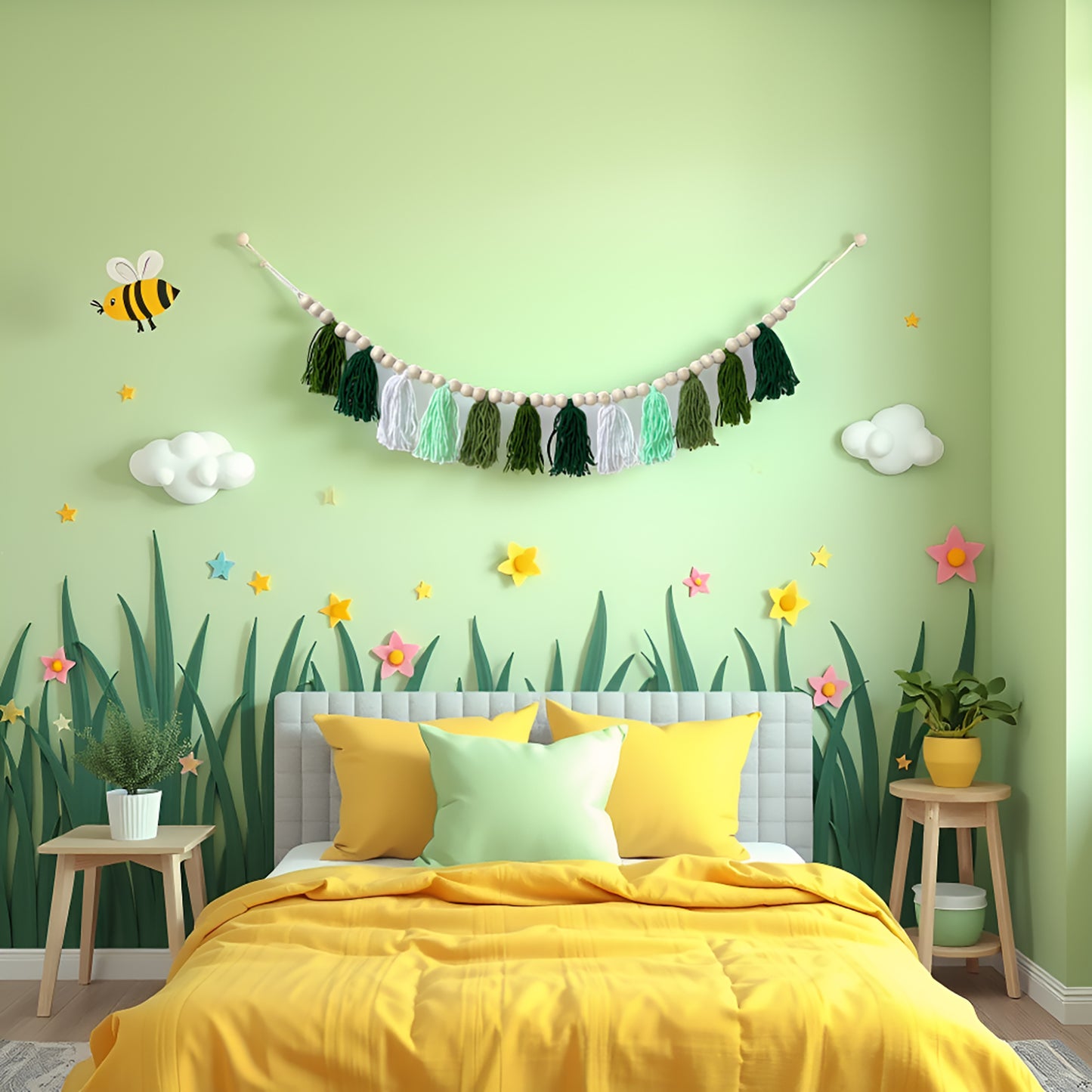 Boho Hanmade Wood Beads Garland with Tassels + 2 Hooks (Green)