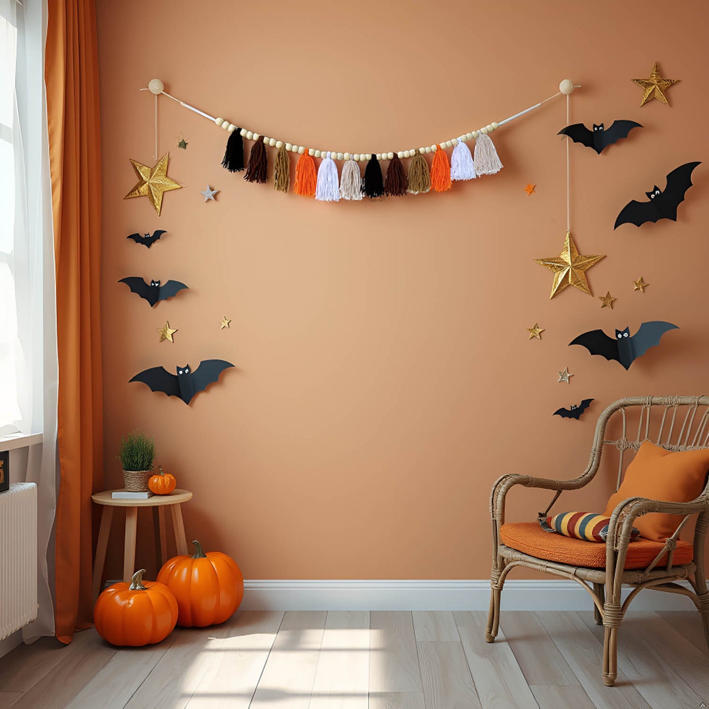 Boho Hanmade Wood Beads Garland with Tassels + 2 Hooks (Brown)