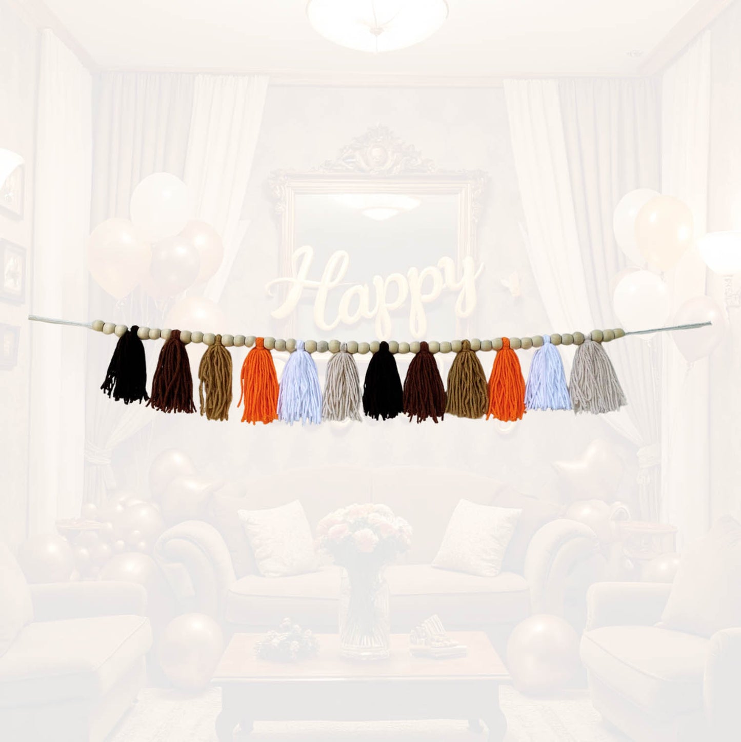 Boho Hanmade Wood Beads Garland with Tassels + 2 Hooks (Brown)