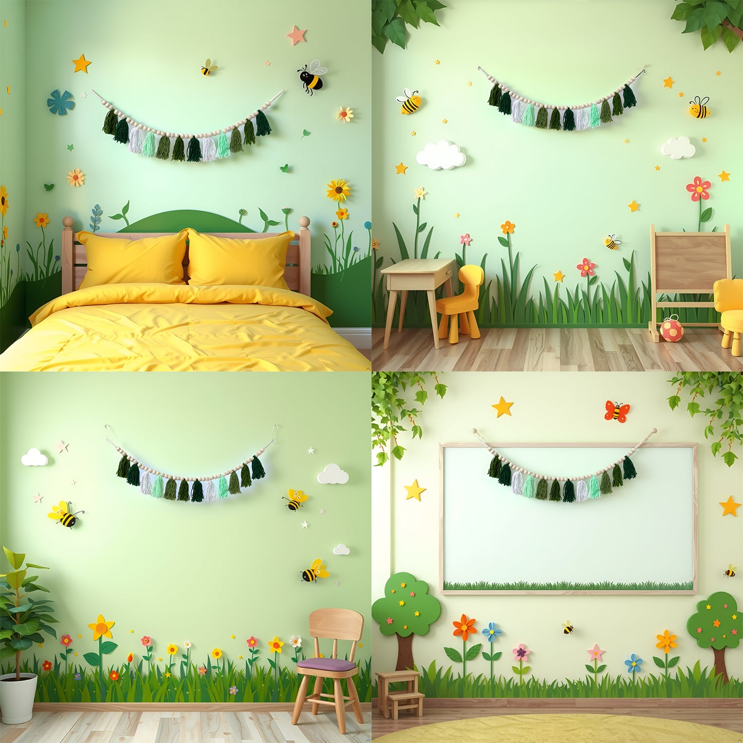 Boho Hanmade Wood Beads Garland with Tassels + 2 Hooks (Green)