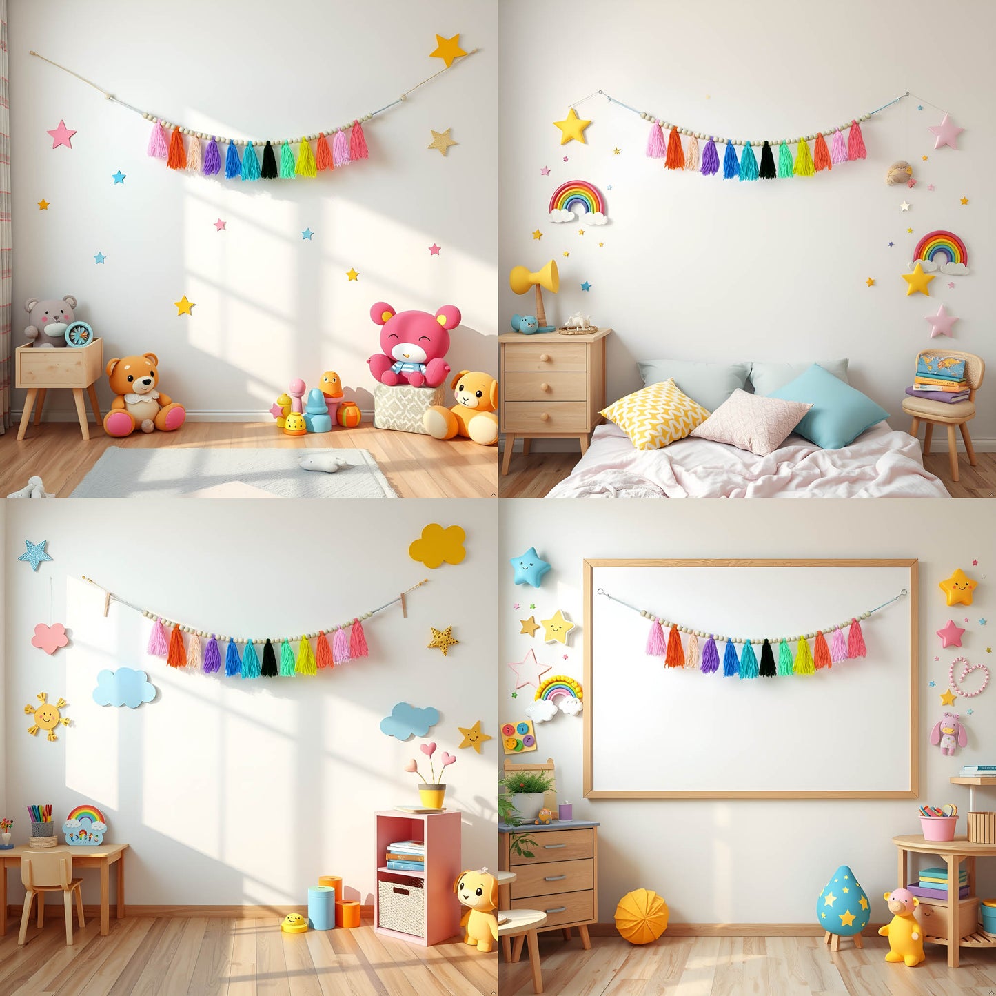 Boho Hanmade Wood Beads Garland with Tassels + 2 Hooks (Rainbow)