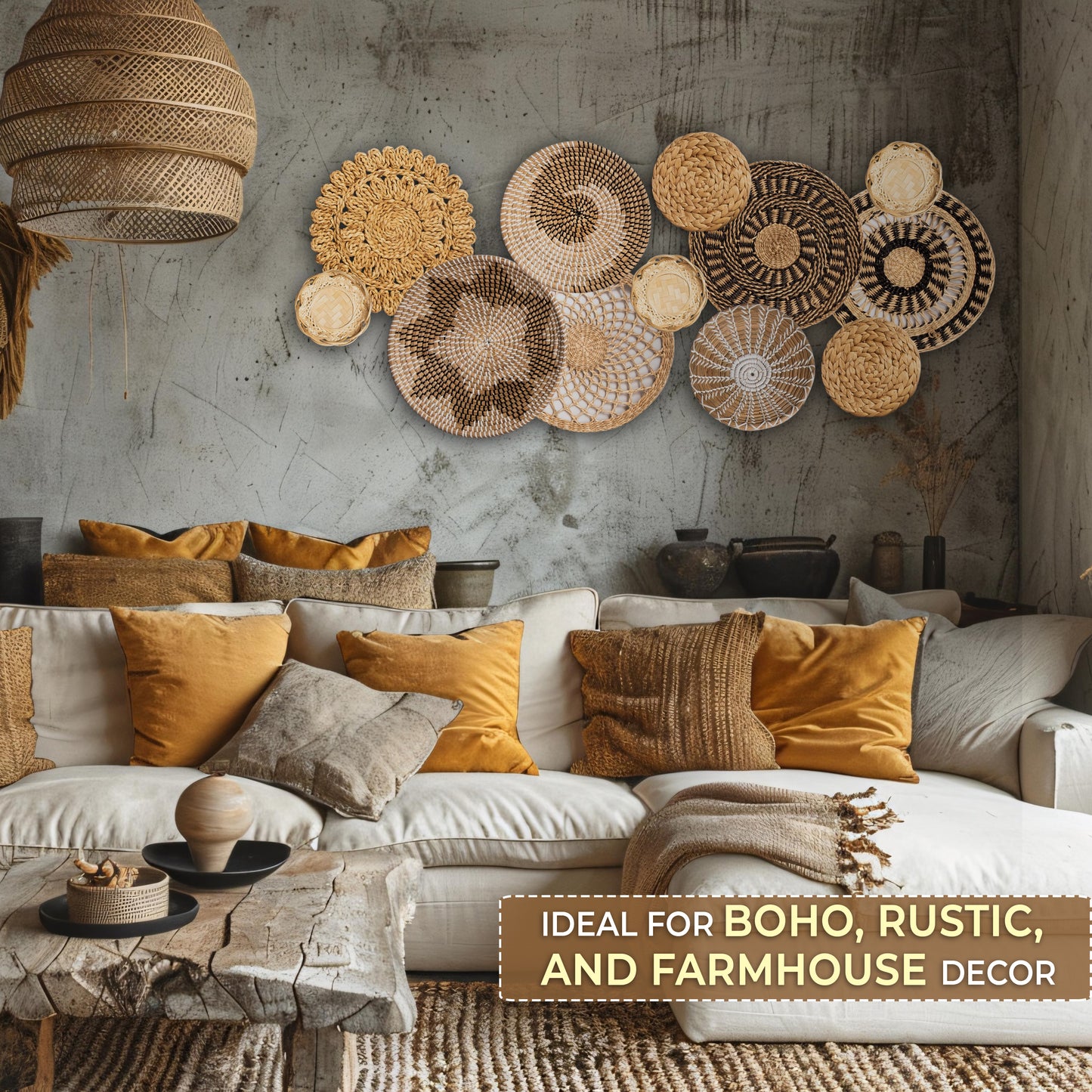 Laquedecraft Set 12 Boho Wicker Rattan Plate Basket Set For Décor Hanging Wall | Large Woven Farmhouse Rustic Bohemian Art Baket Hangings For Decorative Home, Bedroom, Living Room, Kitchen, Bathroom (Classic, 12)