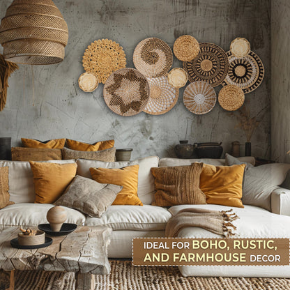 Boho Wicker Rattan Plate Basket Set For Décor Hanging Wall (Set 12)