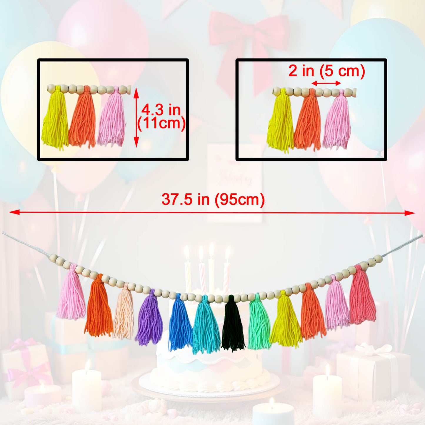 Boho Hanmade Wood Beads Garland with Tassels + 2 Hooks (Rainbow)