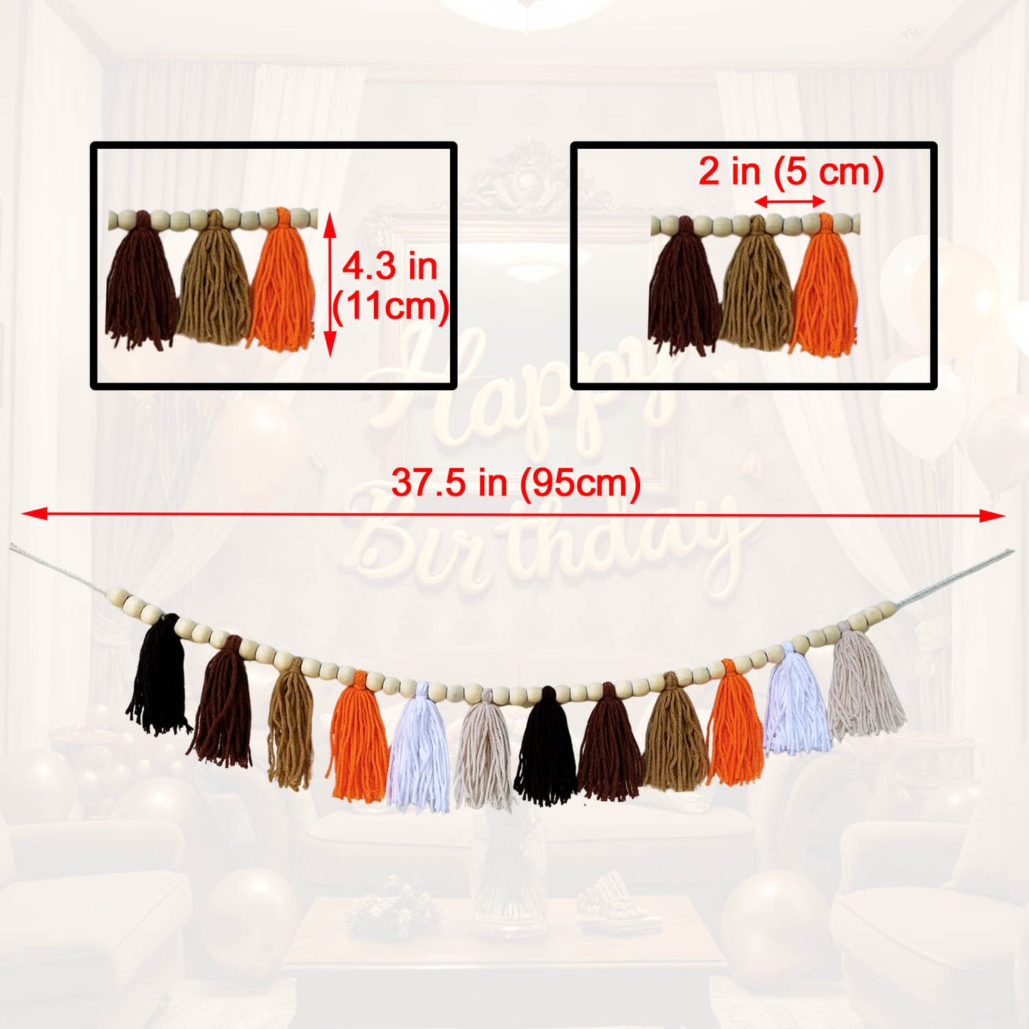 Boho Hanmade Wood Beads Garland with Tassels + 2 Hooks (Brown)