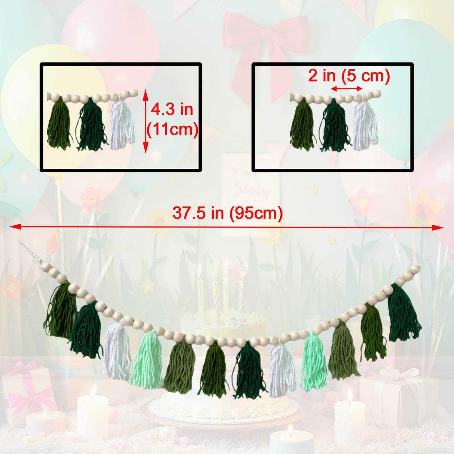 Boho Hanmade Wood Beads Garland with Tassels + 2 Hooks (Green)