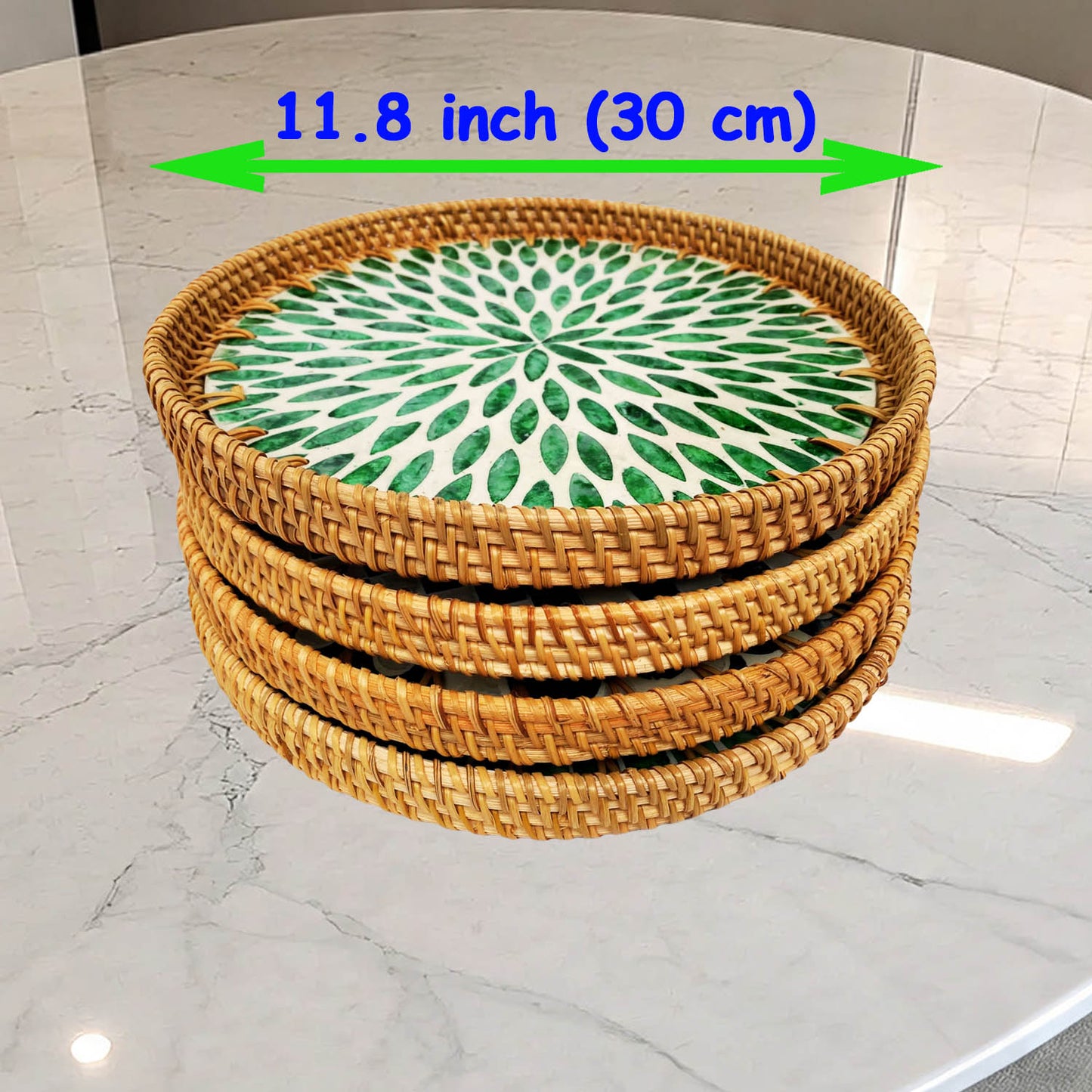 11.8' Wicker Round Rattan Mother of Pearl Serving Basket Tray for Décor Coffee Table (Green Leaf)