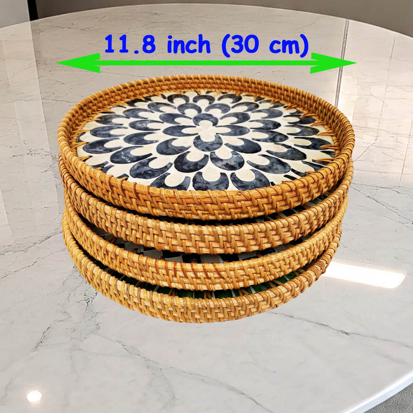 11.8' Wicker Round Rattan Mother of Pearl Serving Basket Tray for Décor Coffee Table (Black Moon)