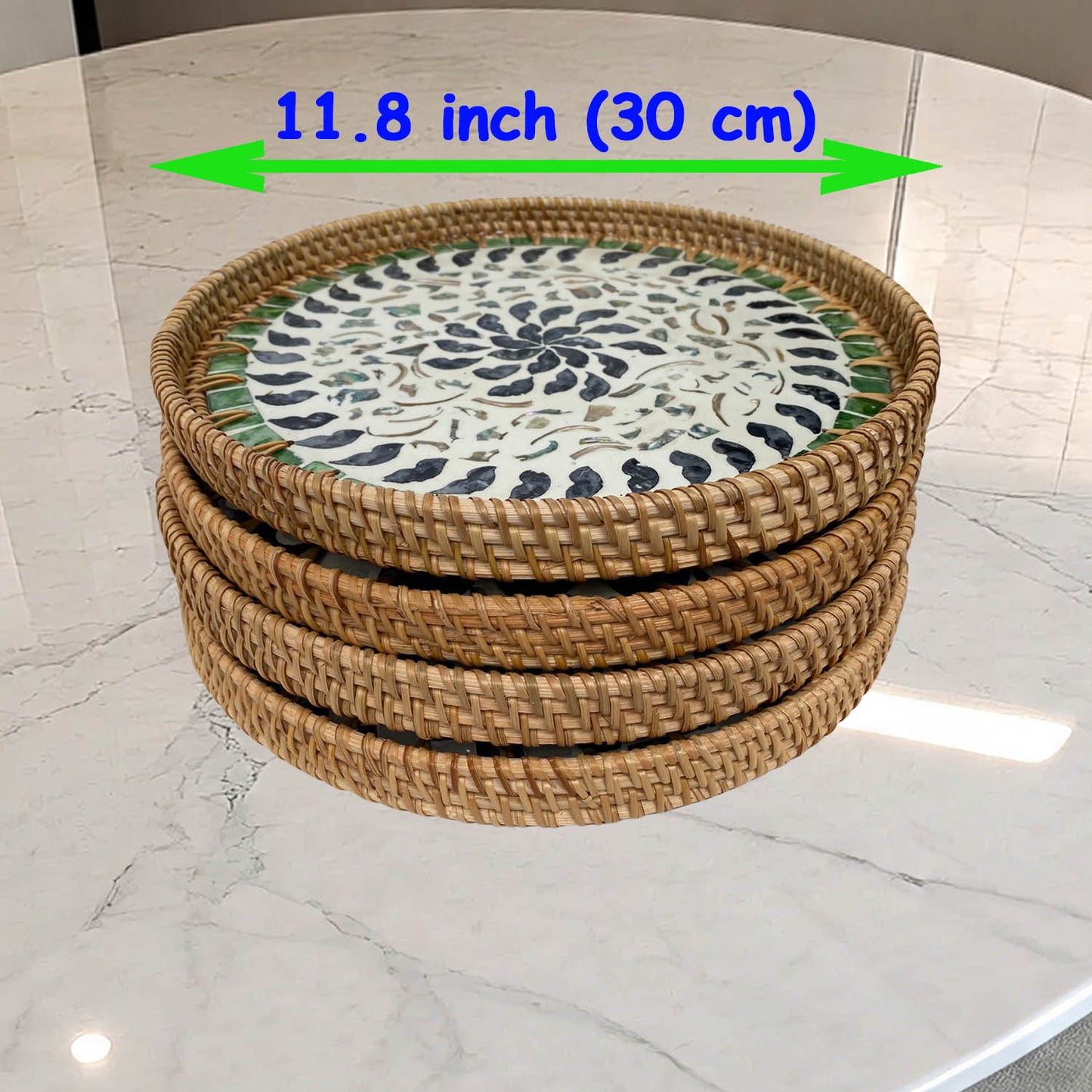 11.8' Wicker Round Rattan Mother of Pearl Serving Basket Tray for Décor Coffee Table (Black Daisy)