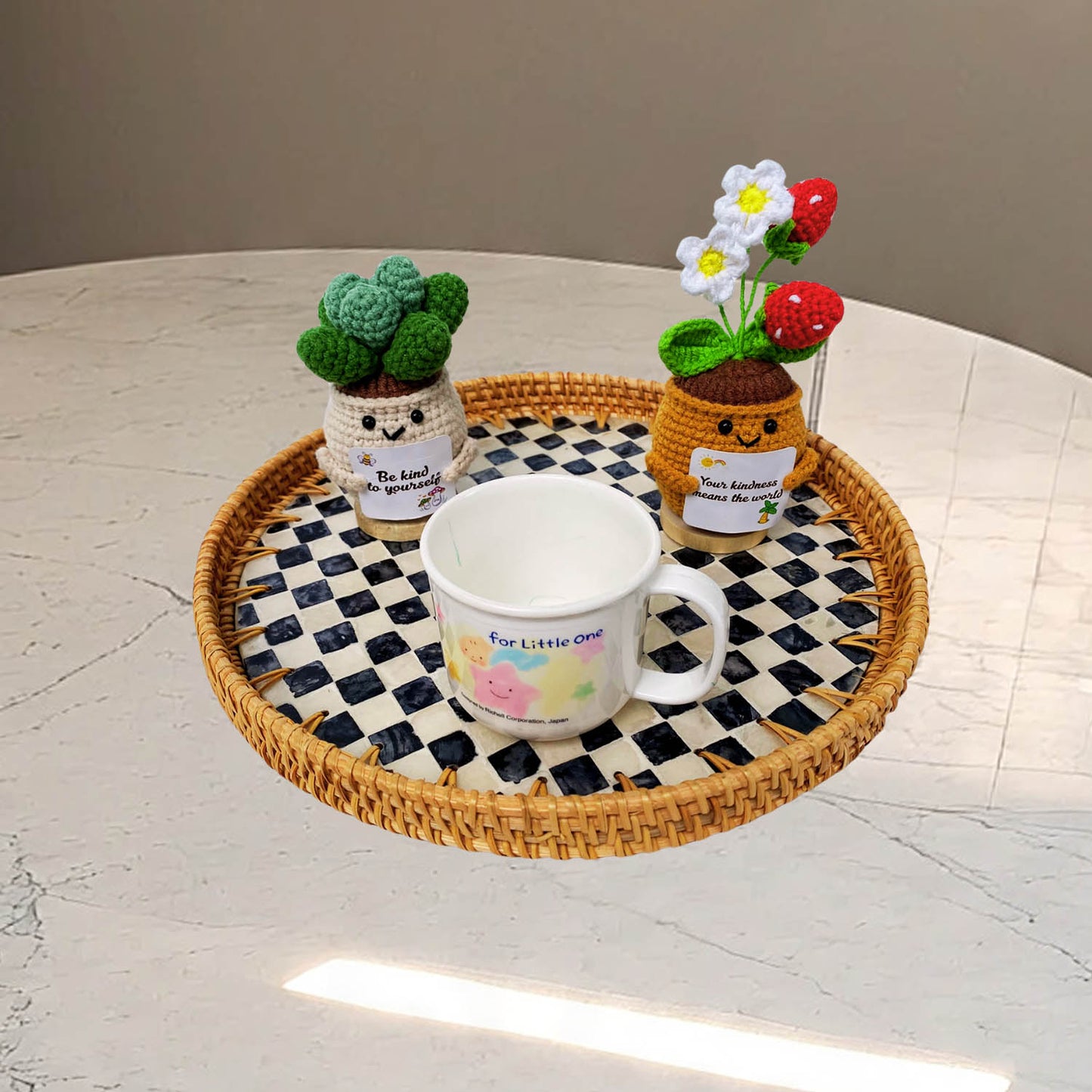 11.8' Wicker Round Rattan Mother of Pearl Serving Basket Tray for Décor Coffee Table (Caro)